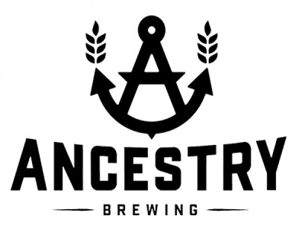Black logo of Ancestry Brewing featuring a stylized anchor with barley stalks flanking the top. Bold, modern font conveys a sense of tradition and craftsmanship.