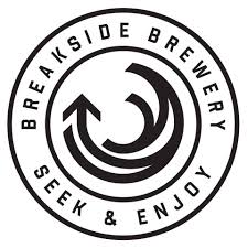 Circular logo for Breakside Brewery with stylized arrows and curves inside. The text reads "Breakside Brewery" and "Seek & Enjoy" in black on a white background.