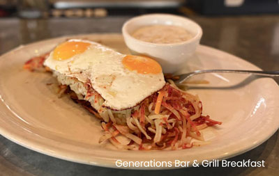 A plate displaying a breakfast item, part of the Sunday menu at Generations Bar Grill Sherwood.