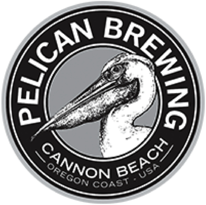 Logo of Pelican Brewing featuring a detailed pelican illustration within a circular frame. Text reads "Cannon Beach, Oregon Coast, USA." Black, white, and gray tones.