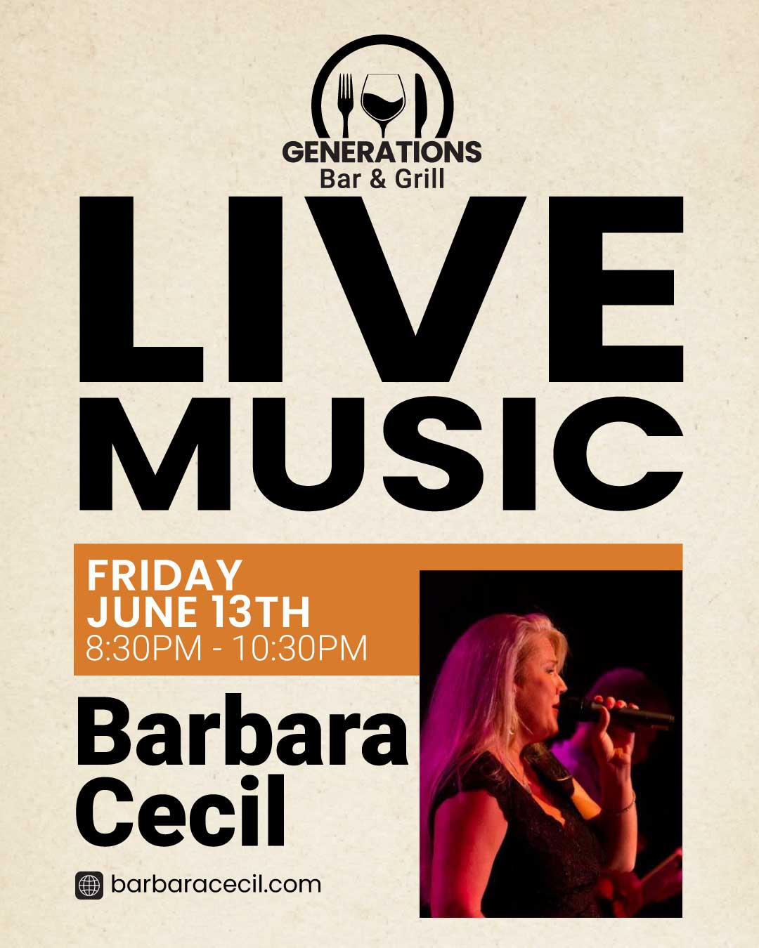 Advertisement for live music at Generations Bar & Grill featuring Barbara Cecil.  Image shows a woman singing into a microphone on stage with dynamic lighting.