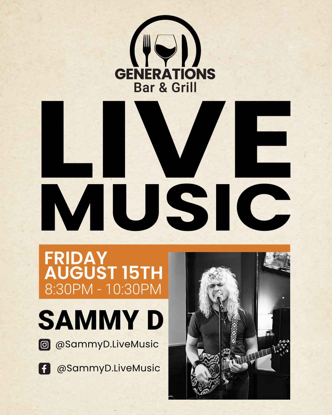 Image of Sammy D. Live at Generations bar & Grill - August 15th